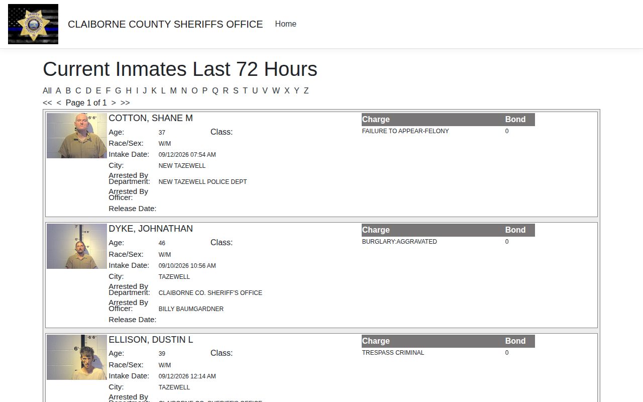 Claiborne County police blotter official 72-hour arrest log