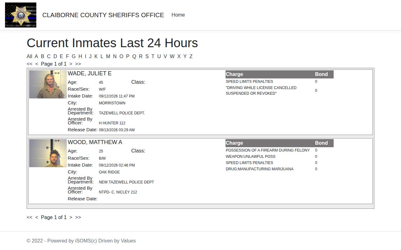 Claiborne County arrests last 24 hours official intake view