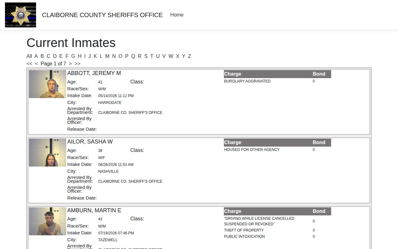 Claiborne County jail roster fields